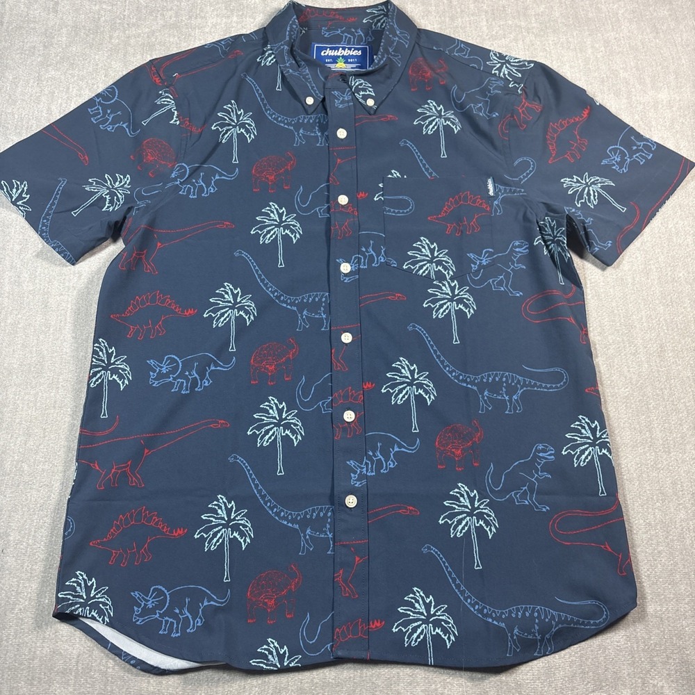 Chubbies Men Red Blue Triceratop Short Sleeve Button Down Shirt Dinosaur Print M